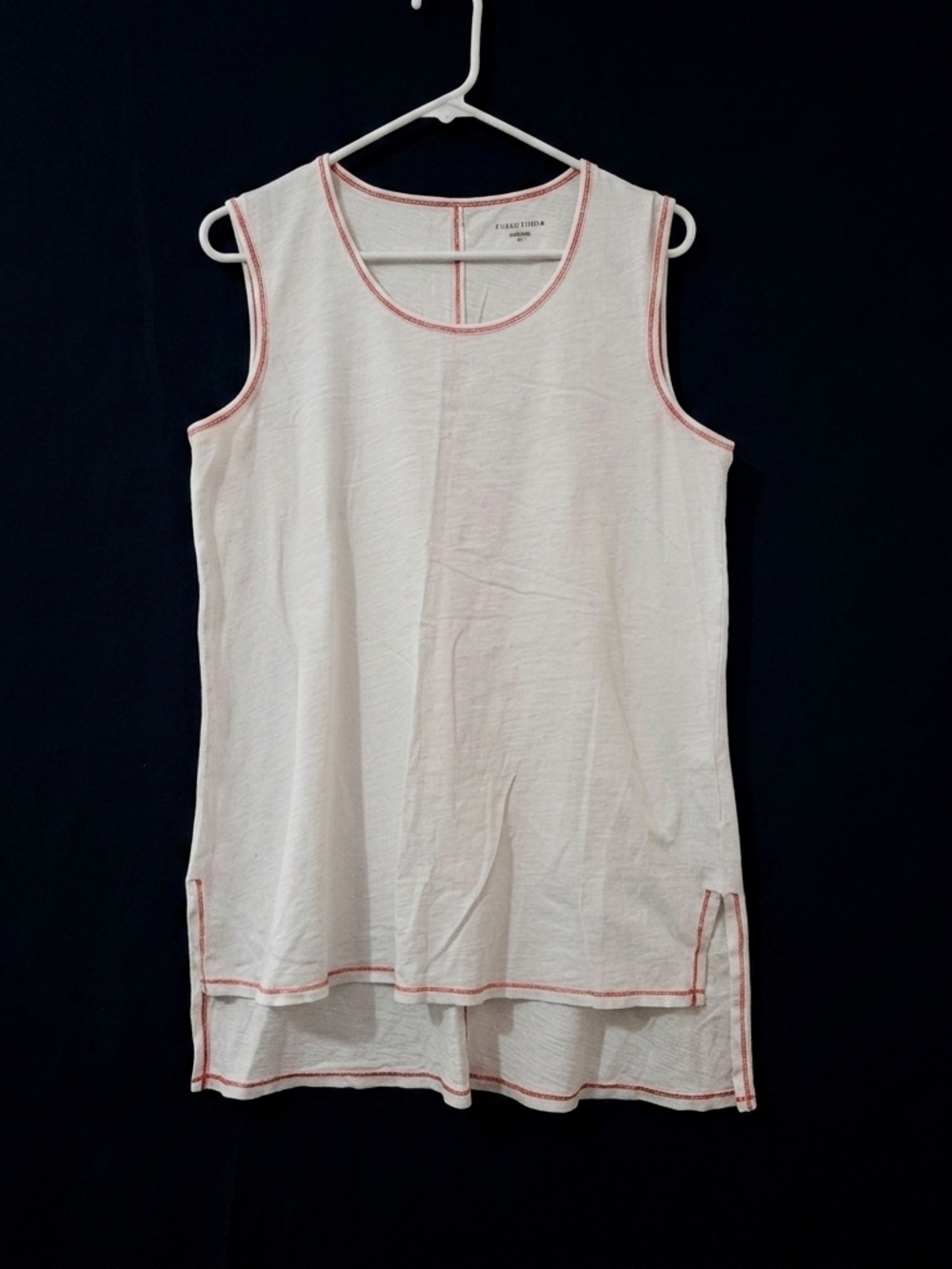 Eileen Fisher White Organic Cotton High-Low Tank Top with Red Contrast Stitching